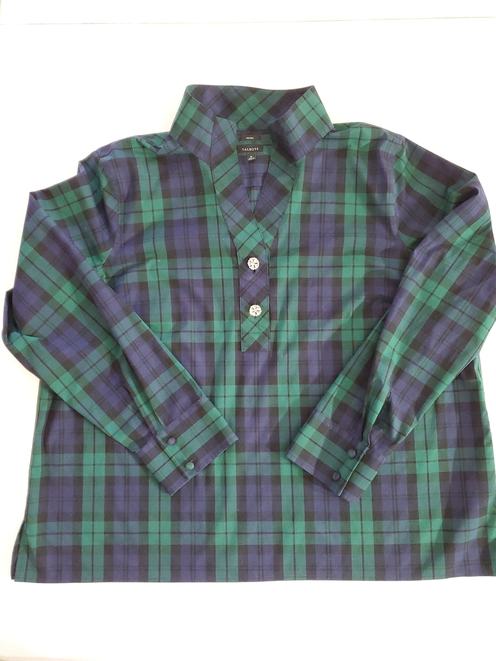 Talbots XL Blackwatch Plaid Popover Shirt Rhinestone Bottons